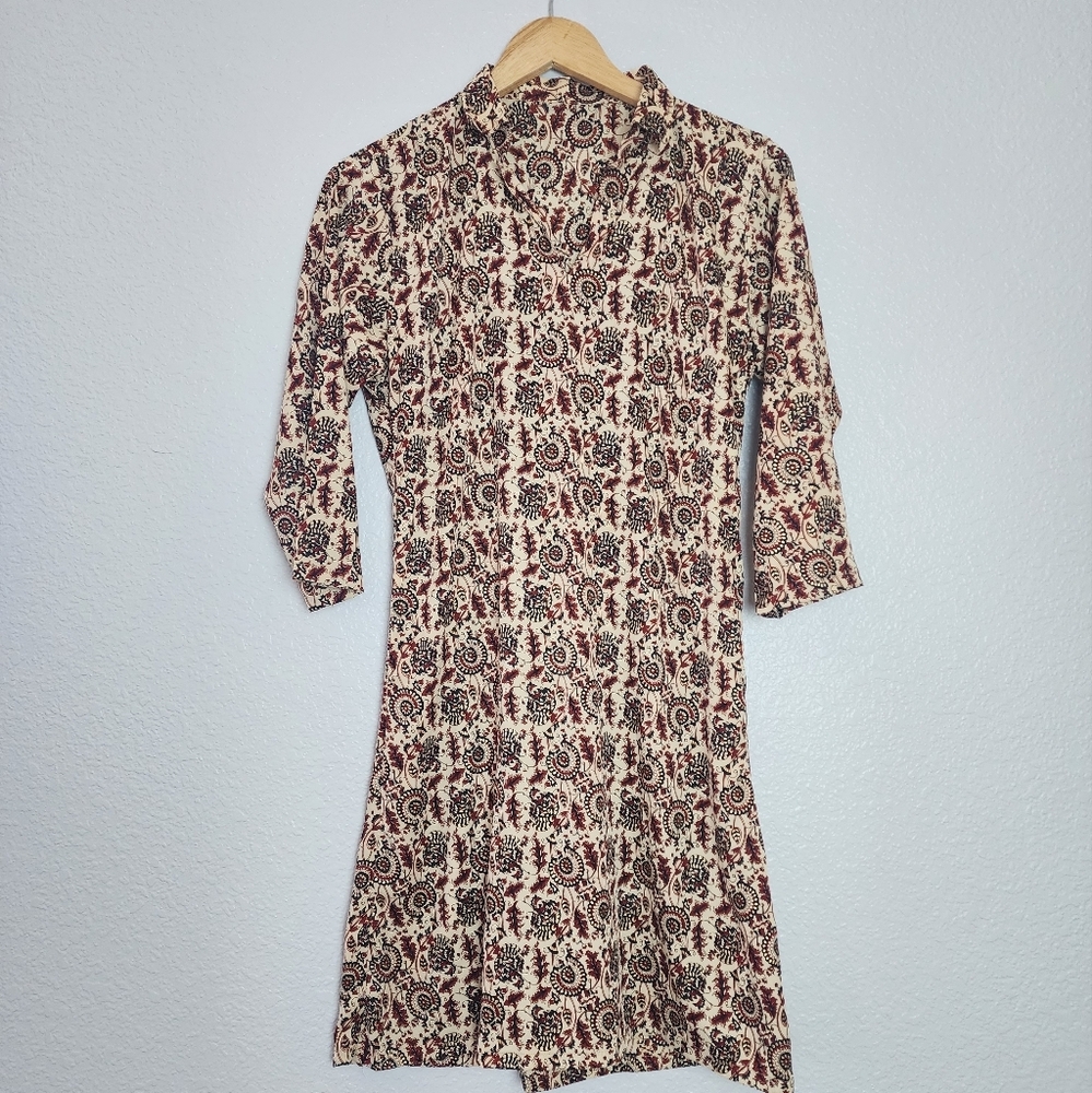 Paisley Print Collar Quarter Sleeve Beige Red & Gold Color Women's Dress Size S